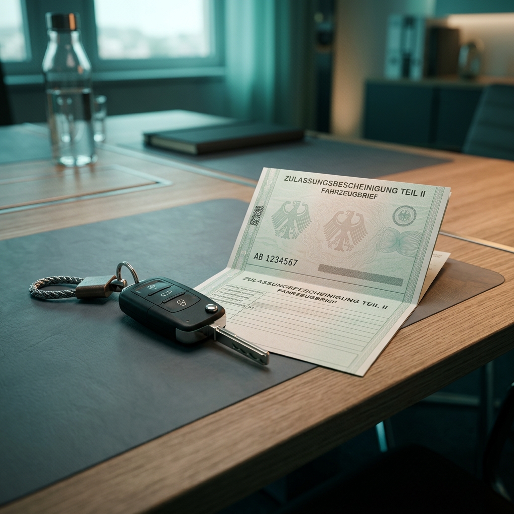 Auto-Schlüssel liegt auf deutschem Fahrzeugbrief auf einem Tisch