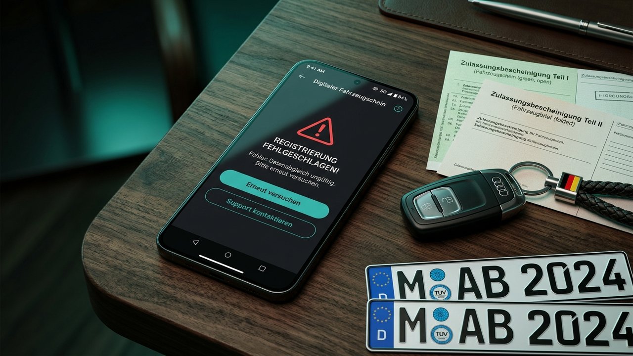 i-Kfz Fehlermeldung bei der Online-Zulassung auf dem Smartphone neben Autoschlüssel und Fahrzeugschein