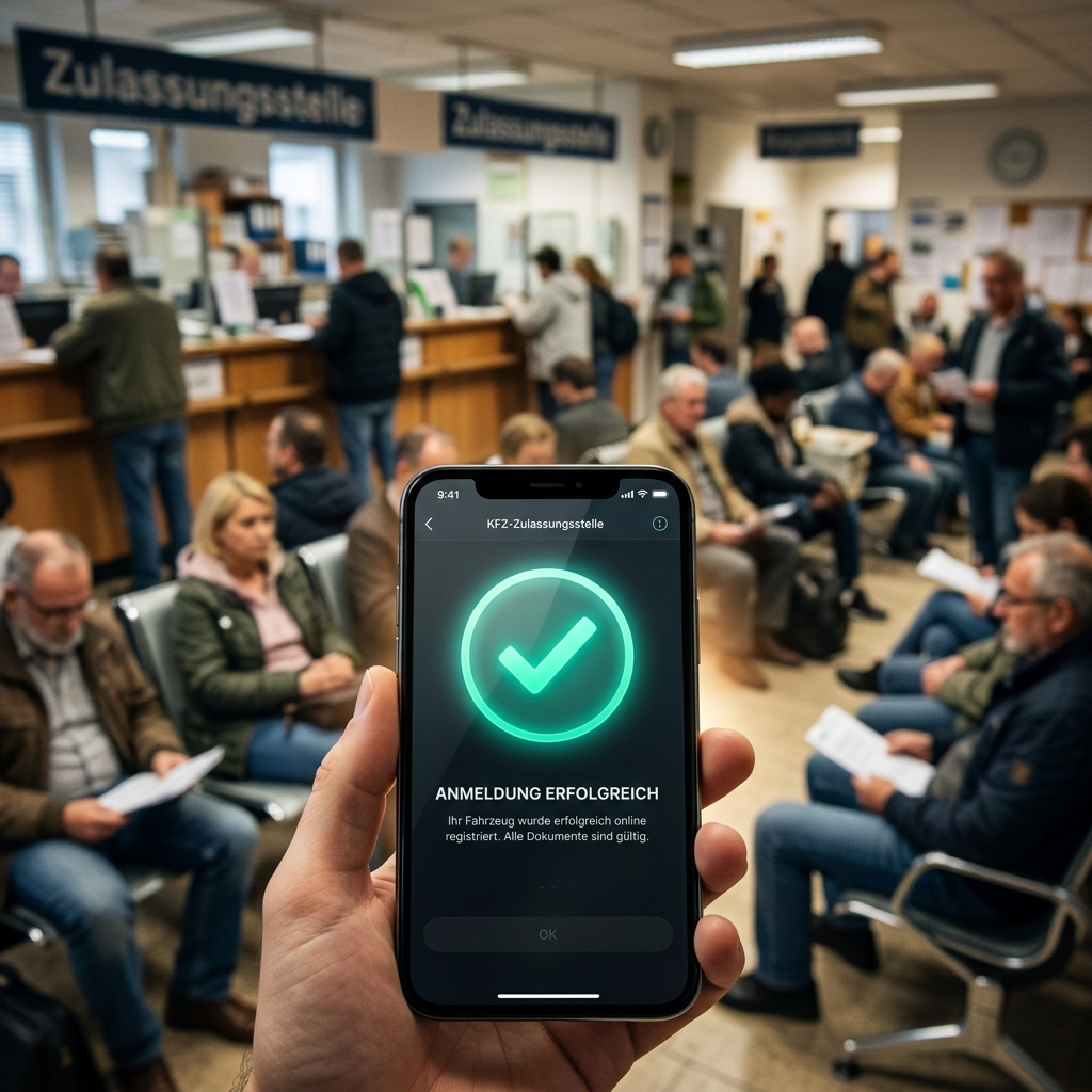Smartphone mit grünem Haken für erfolgreiche KFZ Zulassung in einem Wartezimmer