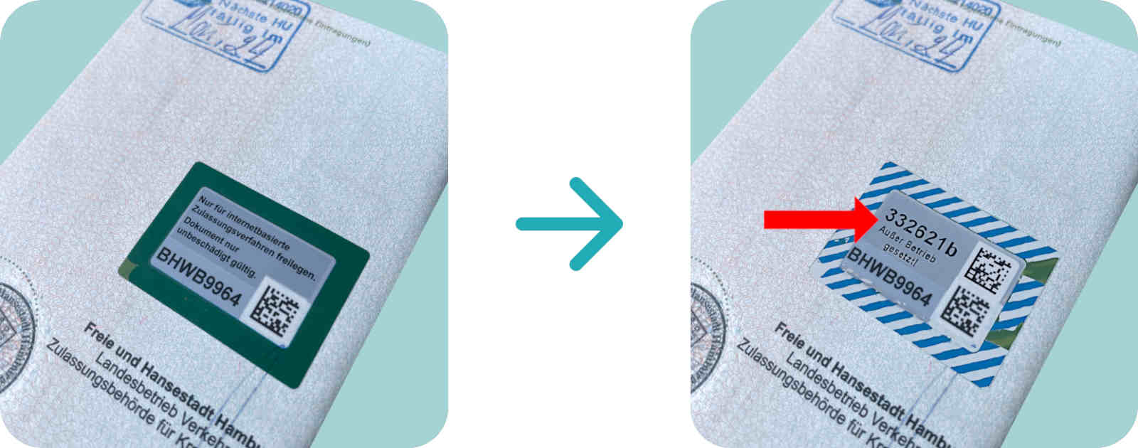 Original-Muster: Sicherheitscode auf der Zulassungsbescheinigung Teil I (Fahrzeugschein) finden und freilegen